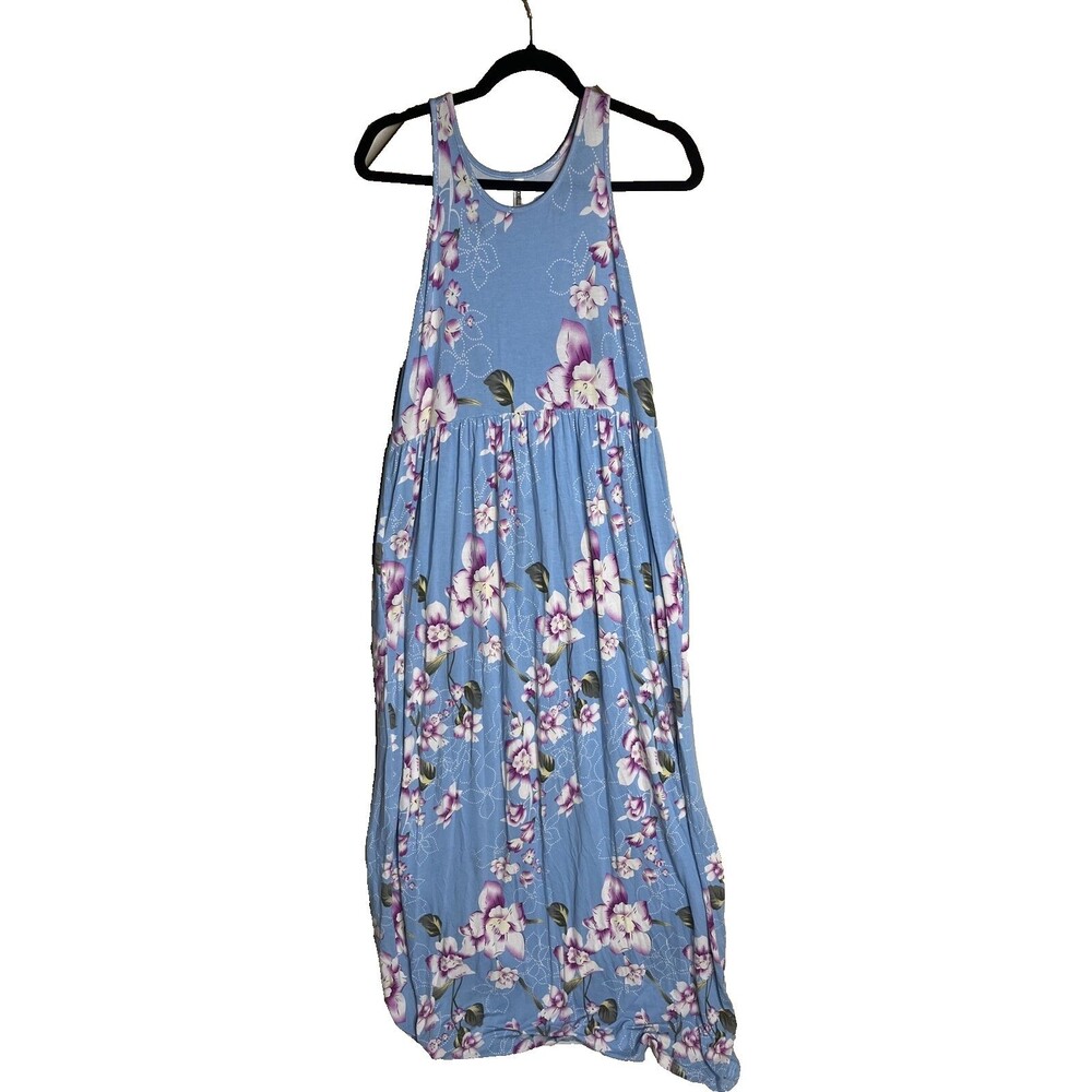 GRECERELLE Maxi Dress Blue Floral sleeveless knit Stretchy Pockets comfy 2XL